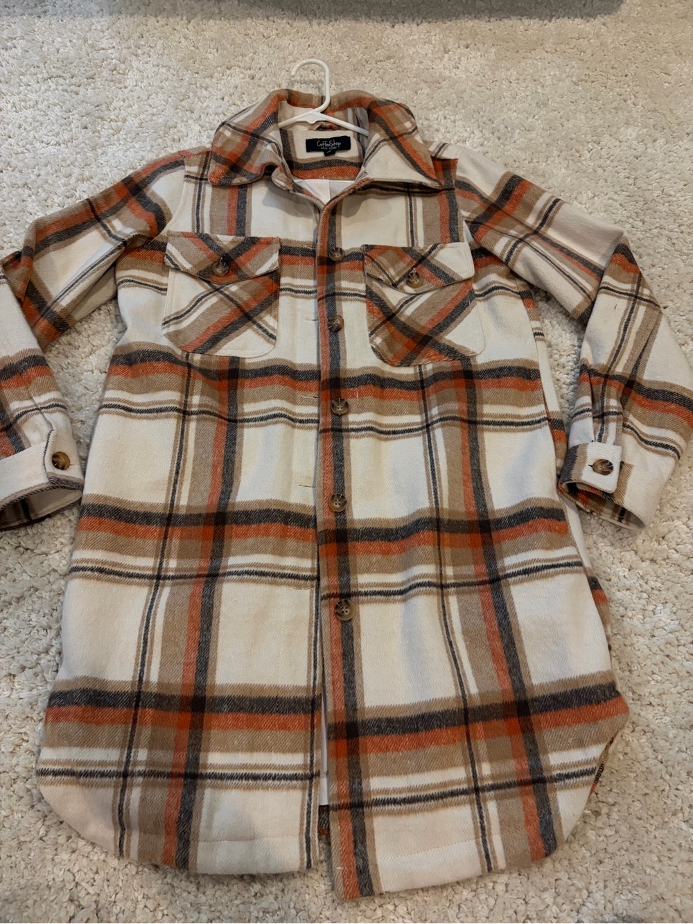 CoffeeShop Cream, Orange & Brown Plaid Shacket